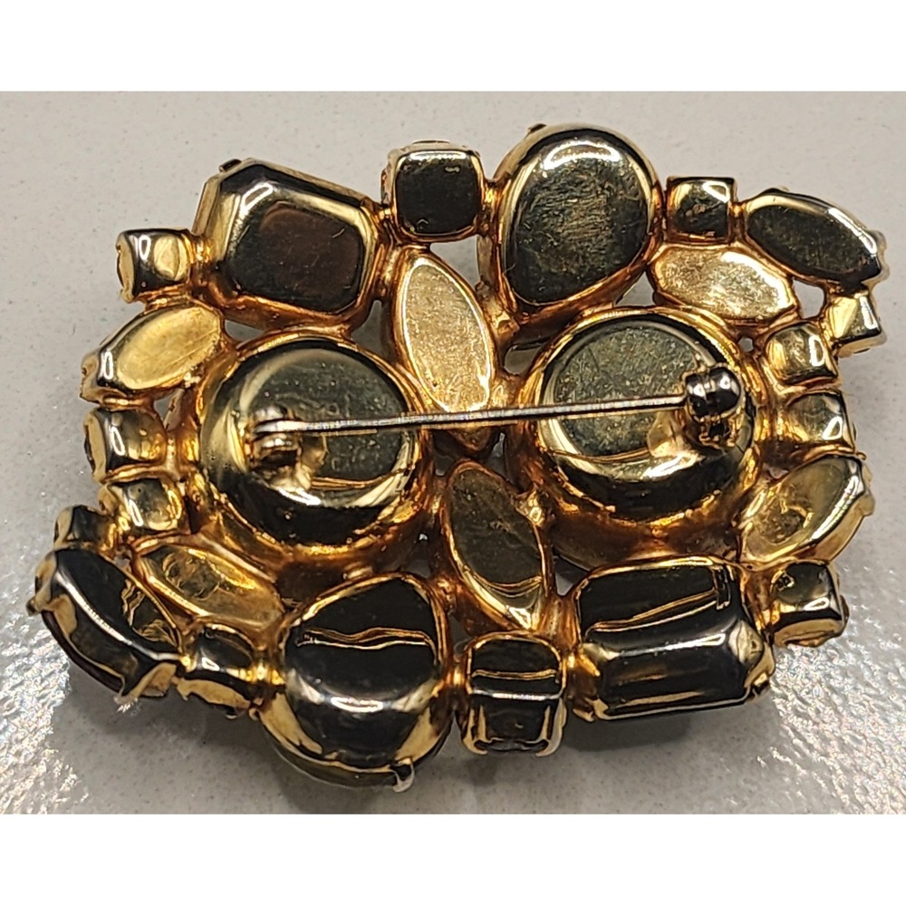 Vintage Multi Color Rhinestone Cluster Brooch Gold Tone Brown Green Yellow - Picture 3 of 5